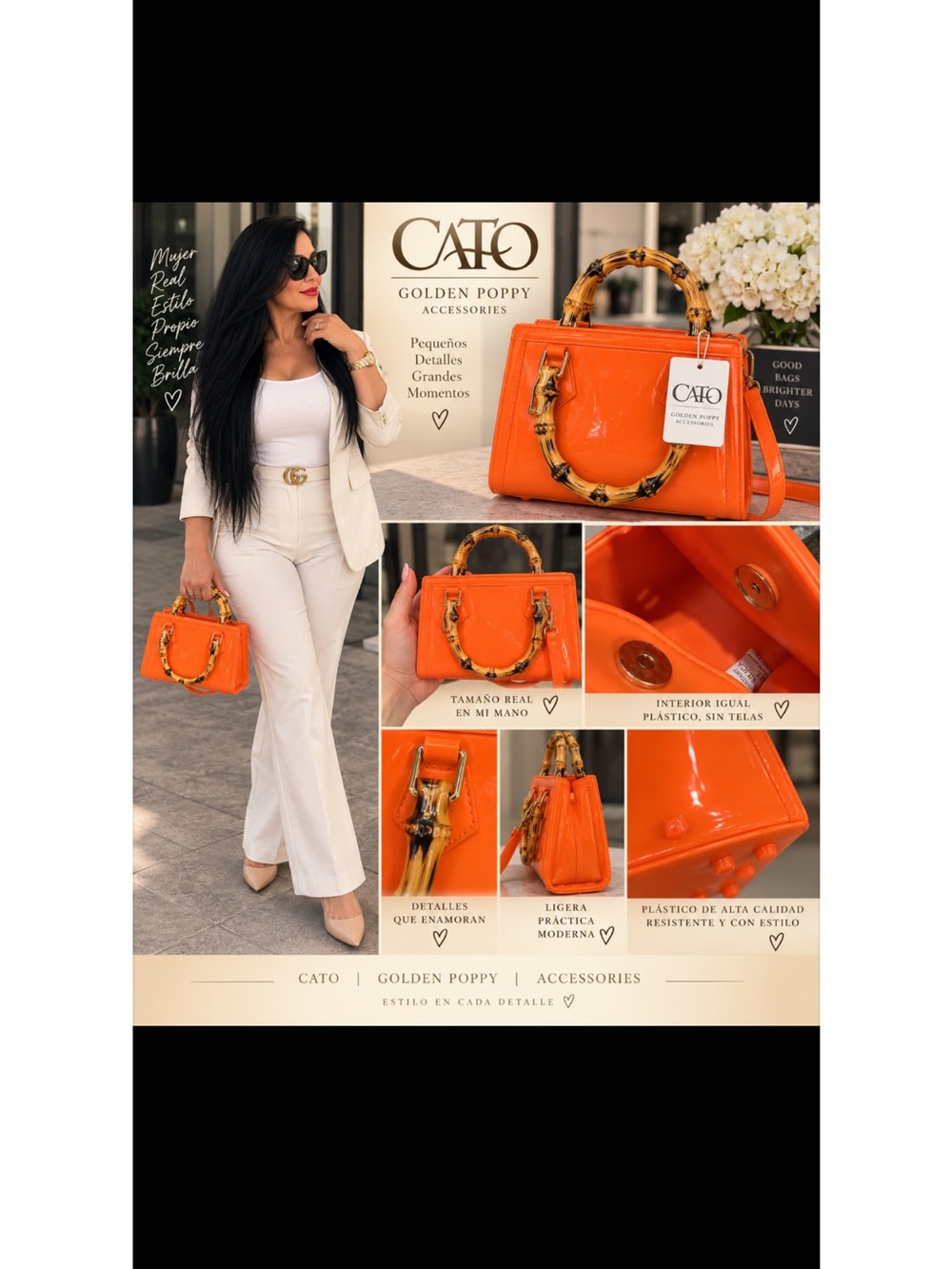 Women's Orange Handbag with Bamboo Handle
